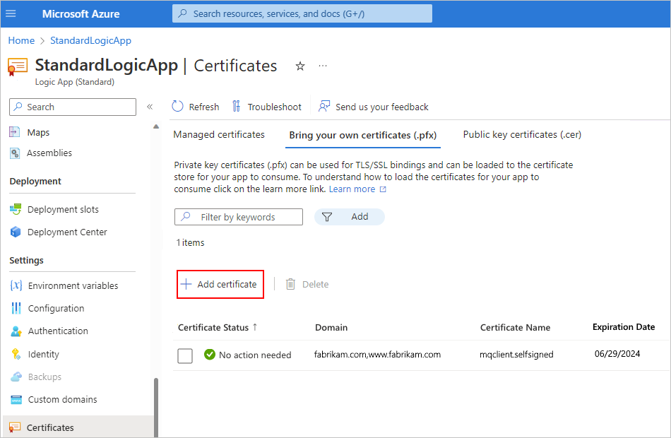 Recorte de pantalla que muestra la aplicación lógica estándar con opciones seleccionadas: Certificados, Traiga sus propios certificados y Agregar certificado.
