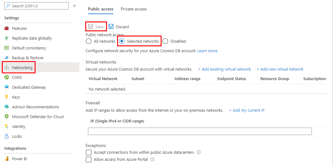 Captura de pantalla que muestra cómo abrir la página Firewall en Azure Portal