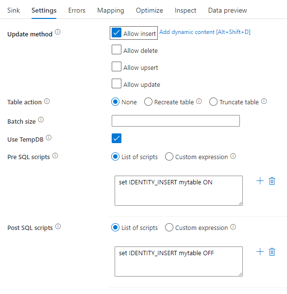 Recorte de pantalla en el que se muestra la configuración de Receptor con scripts de procesamiento previos y posteriores a SQL.
