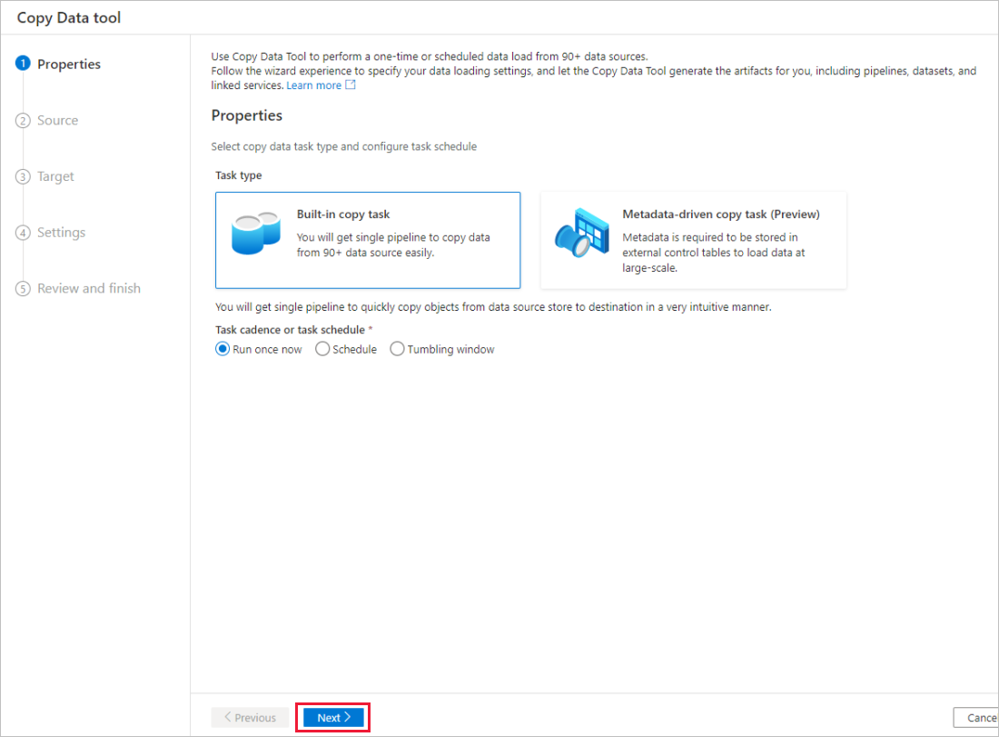 Captura de pantalla que muestra la página Propiedades de la herramienta Copiar datos.