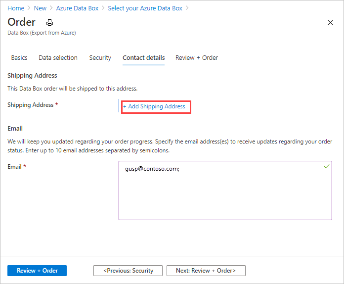 Captura de pantalla que muestra los campos de datos en la pestaña Detalles de contacto de un pedido de exportación de Data Box con el vínculo Agregar dirección de envío resaltado.