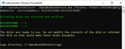 Captura de pantalla que muestra la salida de ejemplo que muestra Data&nbsp;Box&nbsp;Disk desbloqueado correctamente en una máquina basada en Windows.