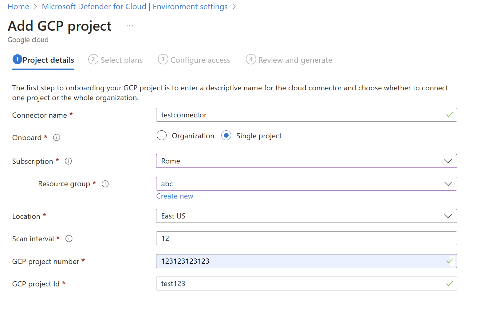 Captura de pantalla del formulario para rellenar los detalles de la cuenta de un entorno de GCP en Microsoft Defender for Cloud.