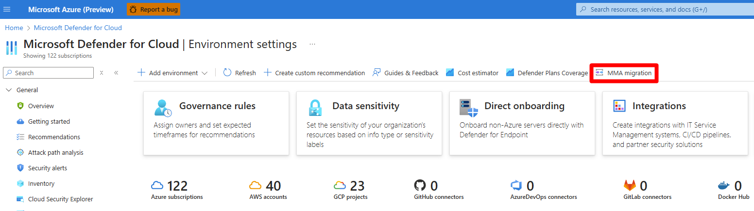 Captura de pantalla que muestra dónde se encuentra el botón de migración de MMA.