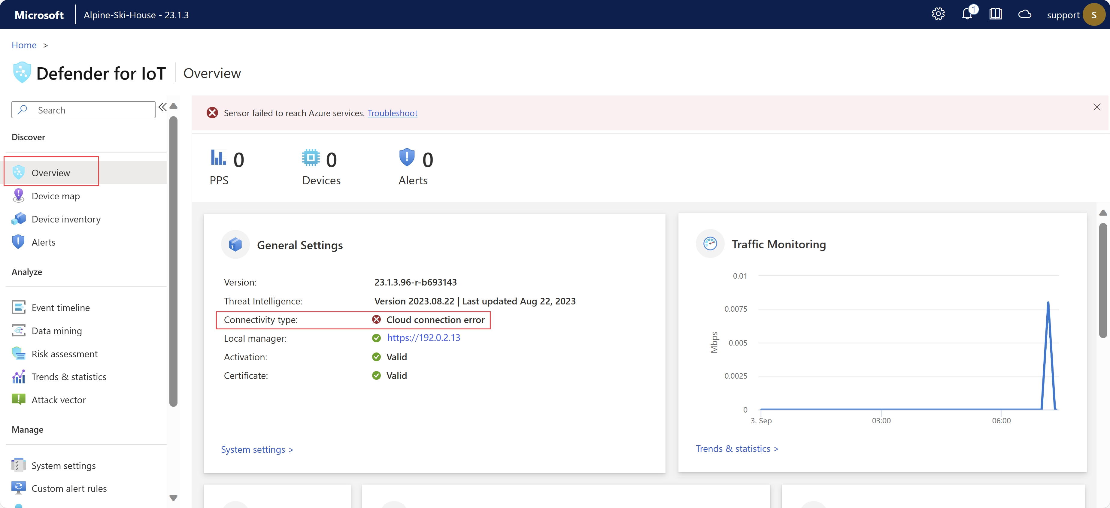 Captura de pantalla de un error de conectividad en la página información general.