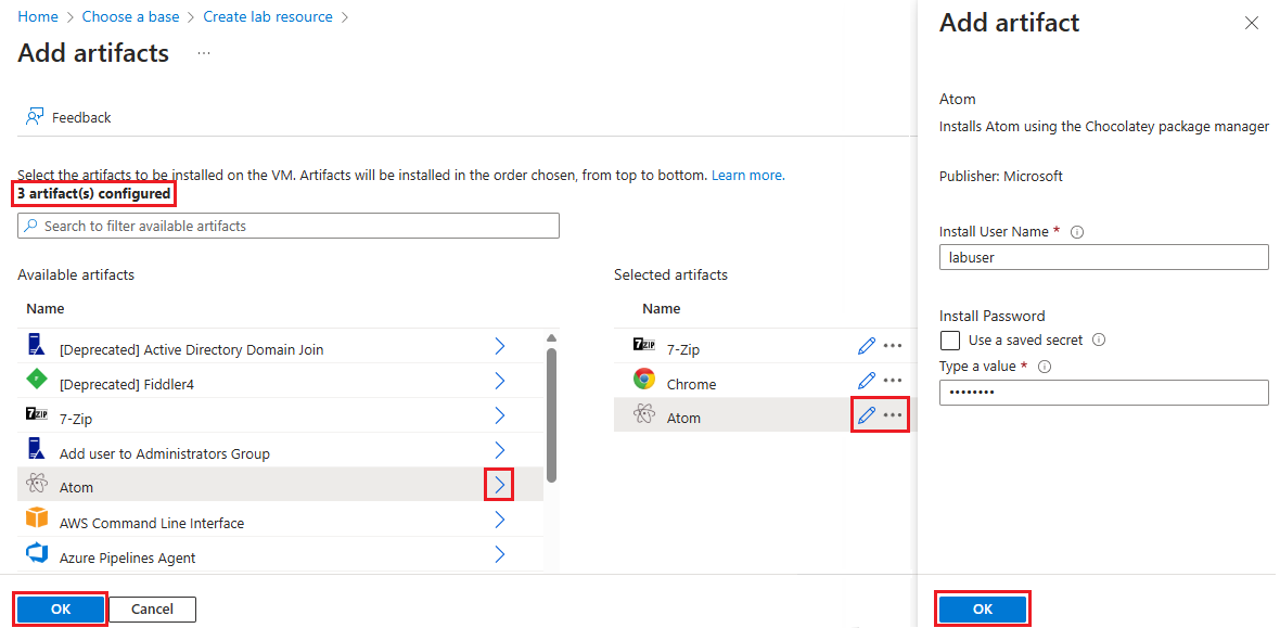 Captura de pantalla que muestra cómo agregar artefactos.