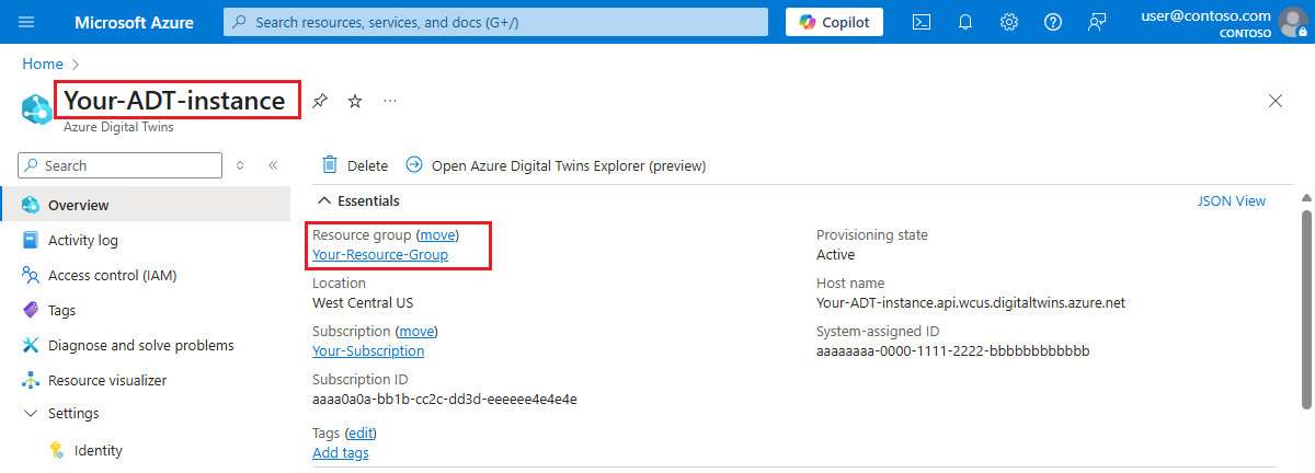 Captura de pantalla de la página Información general de una instancia de Azure Digital Twins en Azure Portal. El nombre y el grupo de recursos están resaltados.