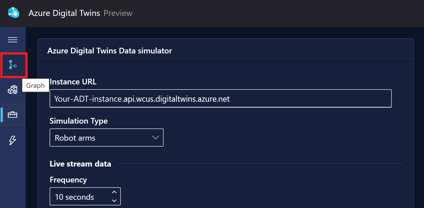 Captura de pantalla del simulador de datos de Azure Digital Twins donde se resalta el botón para cambiar a la experiencia de Graph.