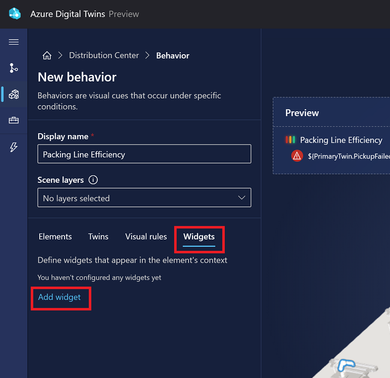 Captura de pantalla de las opciones de Nuevo comportamiento en 3D Scenes Studio, en la que se muestran las opciones de Widgets.