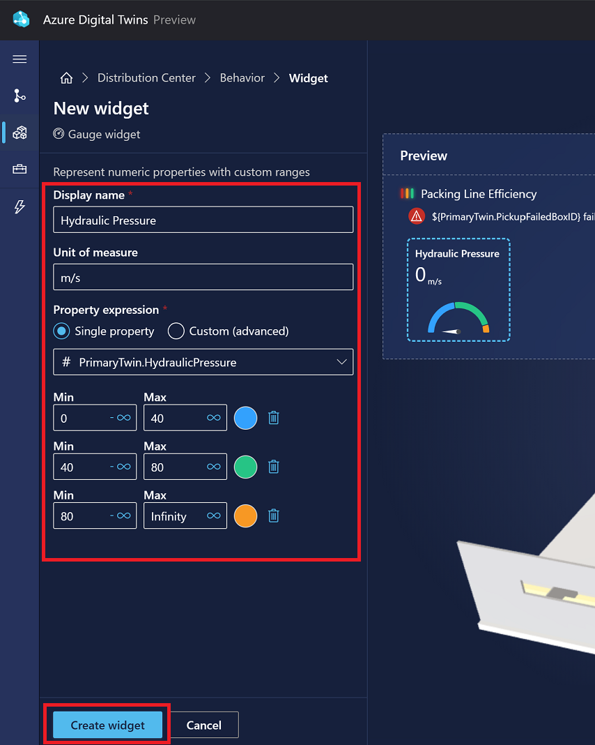 Captura de pantalla de las opciones de Nuevo widget en 3D Scenes Studio para el widget de medidor.