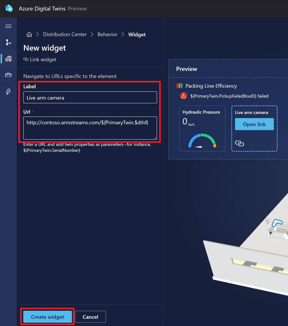 Captura de pantalla de las opciones de Nuevo widget en 3D Scenes Studio para un widget de vínculo.