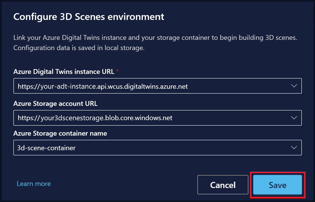 Captura de pantalla de 3D Scenes Studio en la que se resalta el botón Guardar del entorno.