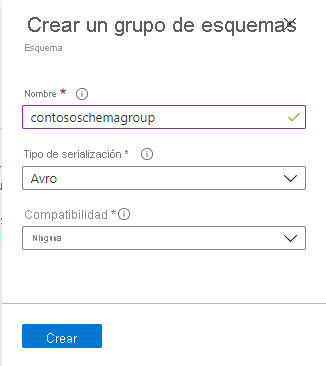 Captura de pantalla que muestra la página para crear un grupo de esquemas.