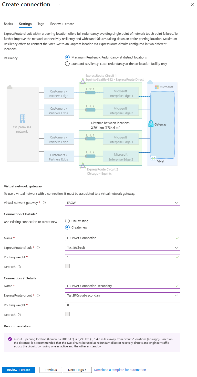 Captura de pantalla de la página de configuración para obtener la máxima resistencia de las conexiones ExpressRoute a una puerta de enlace de red virtual.