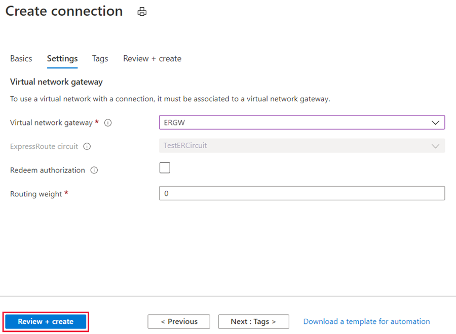 Página de configuración de creación de conexión