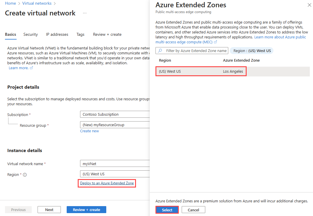 Recorte de pantalla que muestra la pestaña Aspectos básicos de la creación de una red virtual en una zona extendida de Azure.