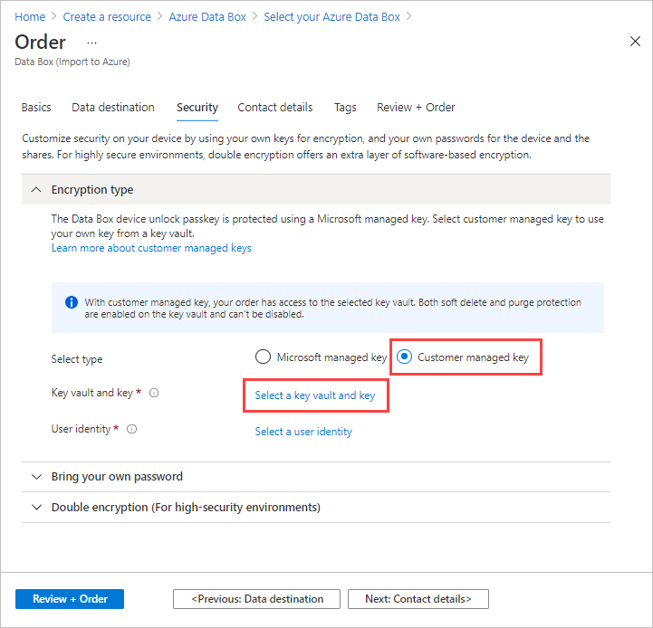 Captura de pantalla de la configuración de Tipo de cifrado en la pestaña Seguridad de un pedido de Data Box. El vínculo 