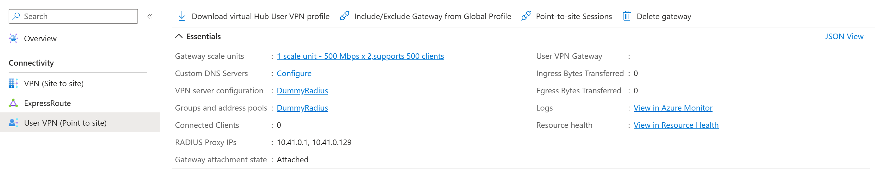 Captura de pantalla de configuración de la VPN del usuario con direcciones IP de proxy RADIUS
