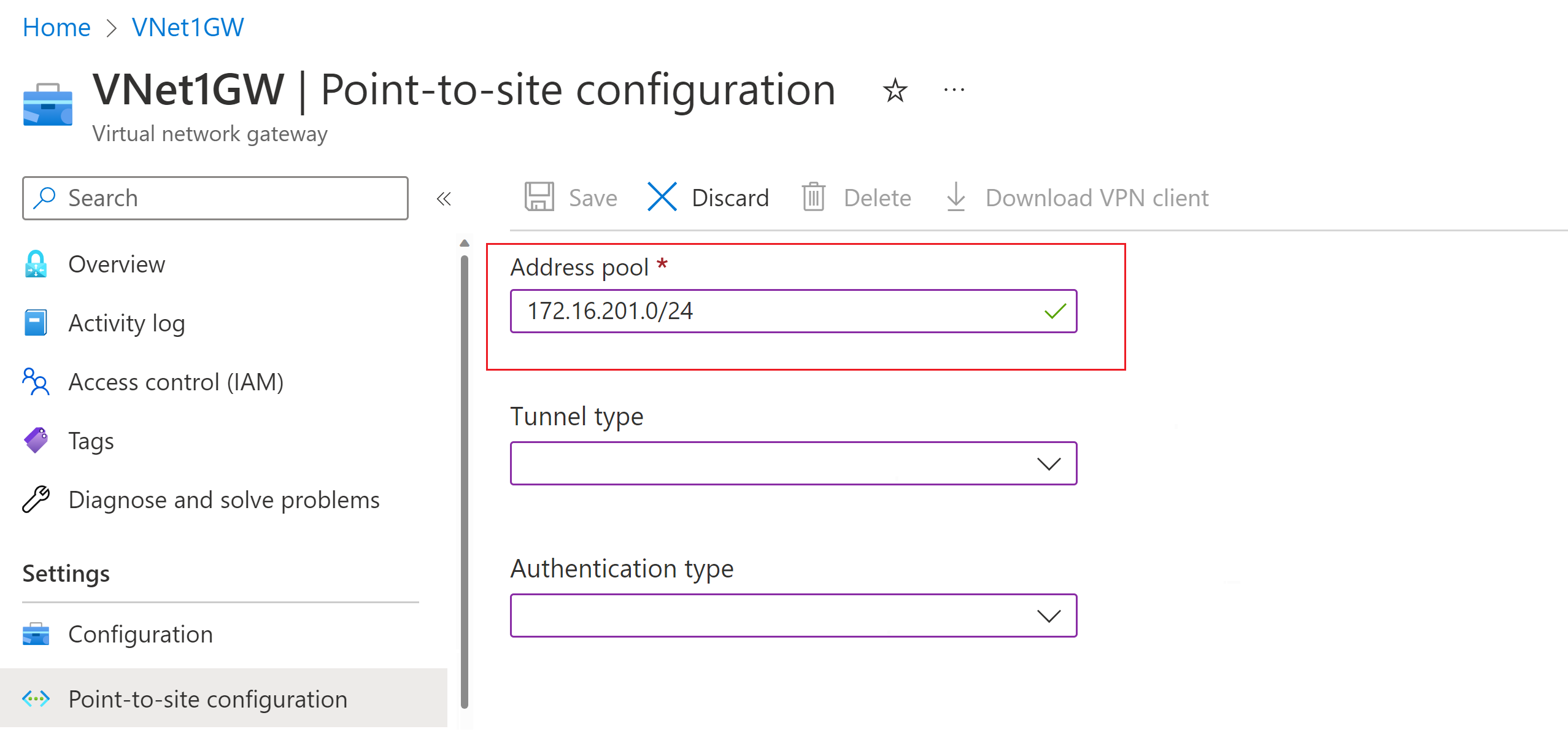 Captura de pantalla de la página de Configuración de punto a sitio, grupo de direcciones.