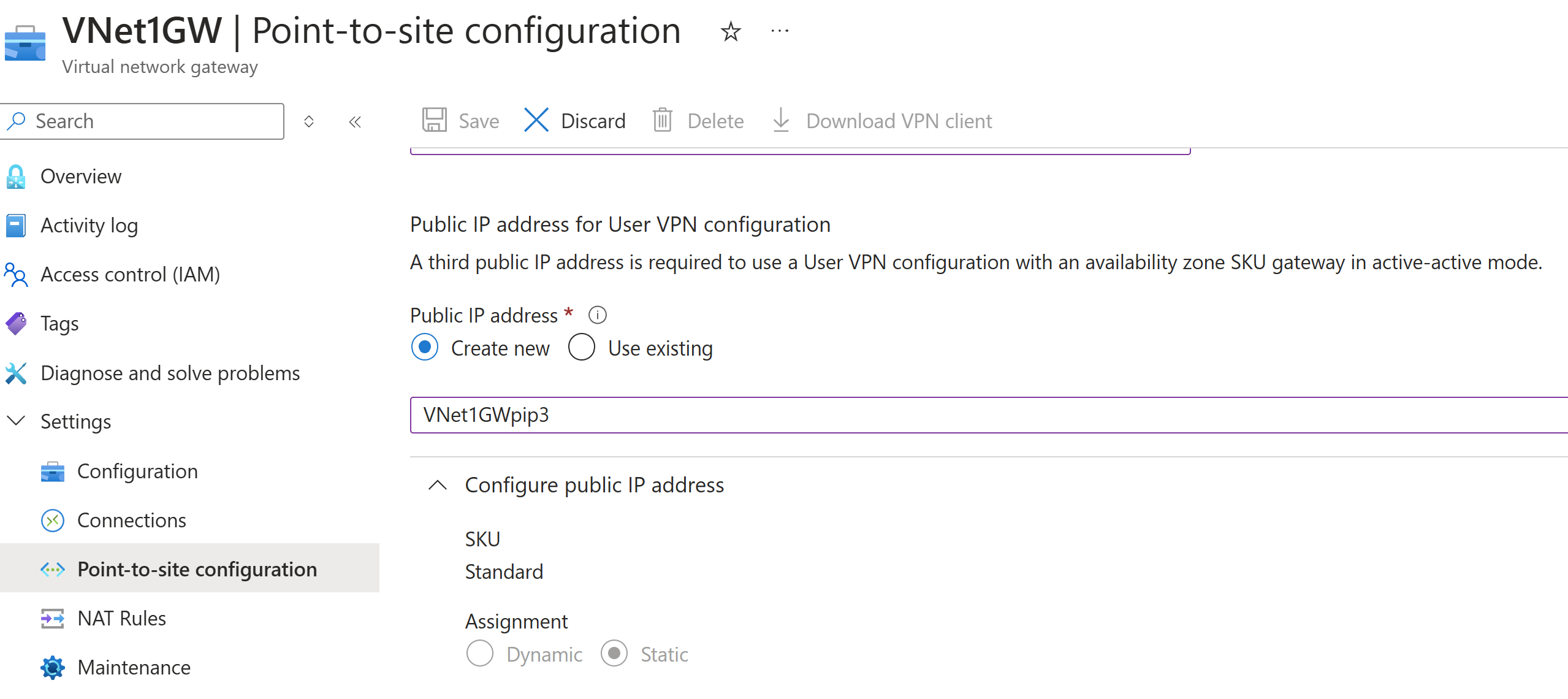 Recorte de pantalla de la página de configuración de punto a sitio: dirección IP pública.