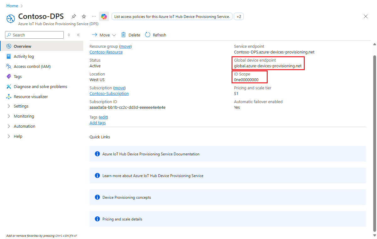Captura de pantalla de la página de información general de Device Provisioning Service en Azure Portal.