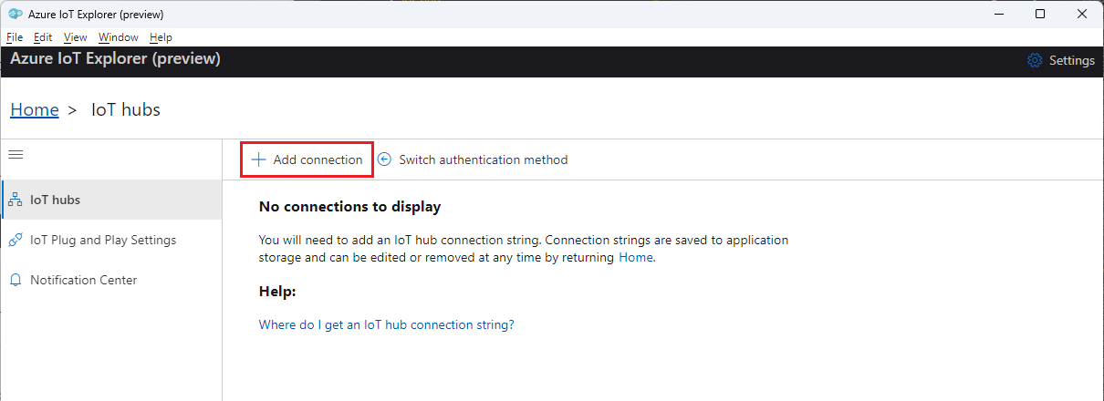 Captura de pantalla que muestra cómo agregar una conexión de IoT Hub en Azure IoT Explorer.