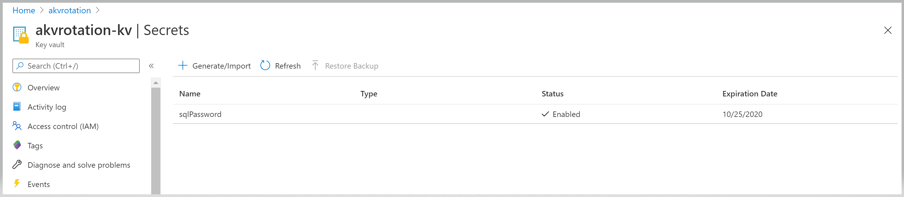 Captura de pantalla que muestra cómo acceder a los secretos de Key Vault > .