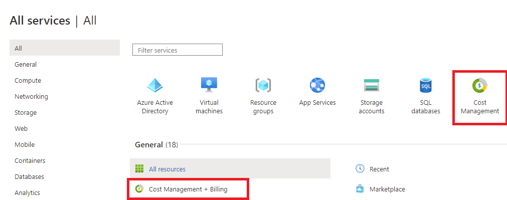 Recorte de pantalla que muestra la página Todos los servicios. El icono Administración de costo y el icono de Cost Management y facturación aparecen resaltados.