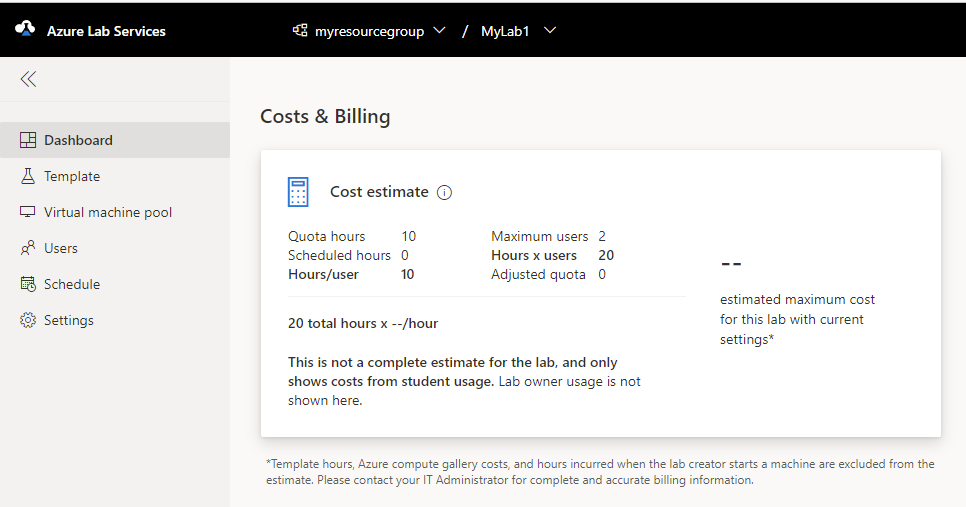 Recorte de pantalla que muestra el panel de costos estimados en Azure Lab Services.
