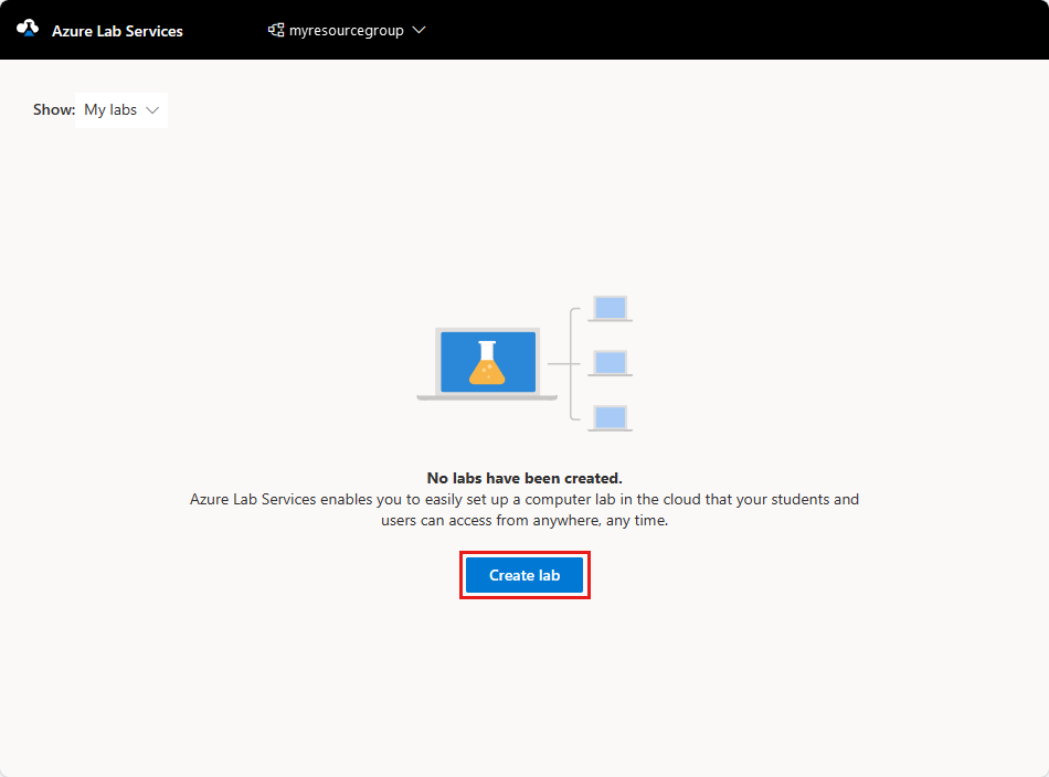 Captura de pantalla del sitio web de Azure Lab Services en la que se resalta el botón Crear laboratorio.