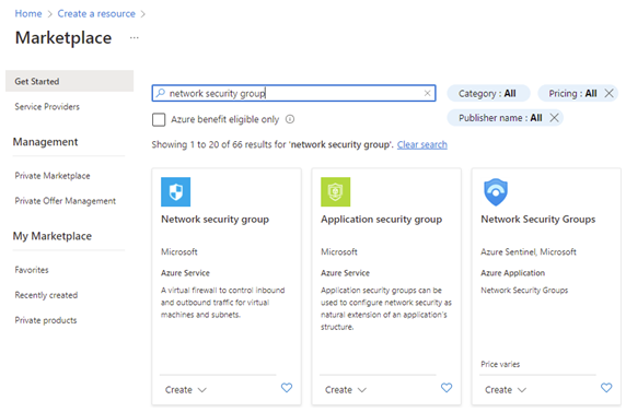 Captura de pantalla de Azure Marketplace con el mosaico de Grupo de seguridad de red virtual.