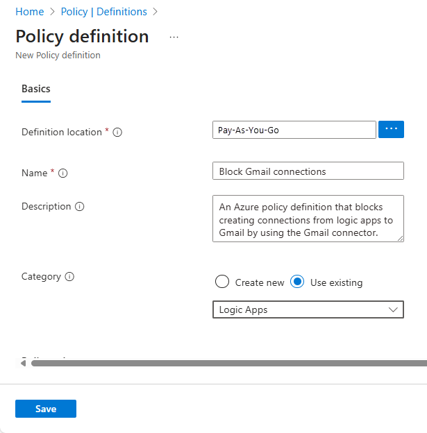 Captura de pantalla que muestra los valores de definición de directiva para bloquear Gmail.