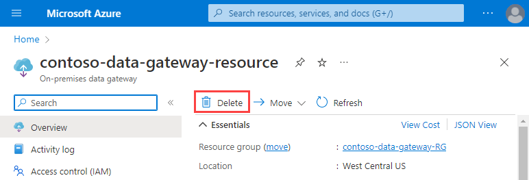 Recorte de pantalla que muestra el recurso de puerta de enlace de datos local en Azure Portal. En la barra de herramientas, se selecciona Eliminar.