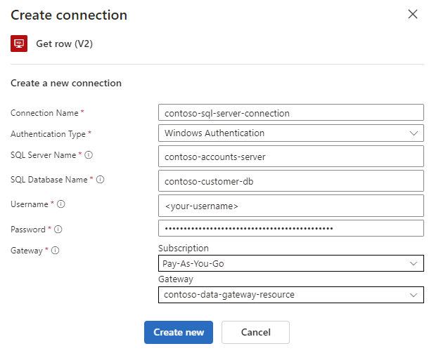 Captura de pantalla que muestra el conector administrado de SQL Server con valores en los cuadros Nombre de conexión, Tipo de autenticación y otros parámetros.