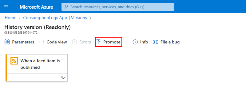 Captura de pantalla que muestra el historial de versiones de la aplicación lógica con el botón Promover seleccionado.