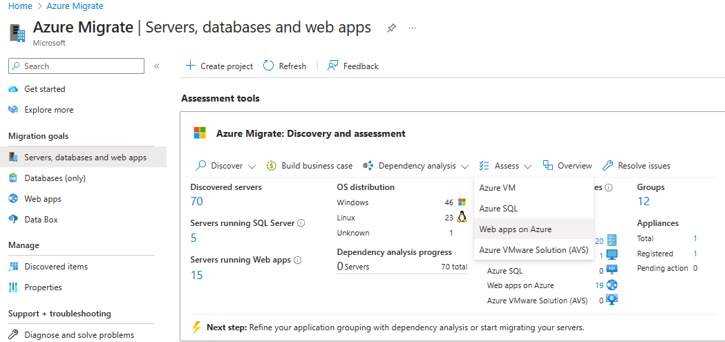 Captura de pantalla de la página de información general de Azure Migrate.