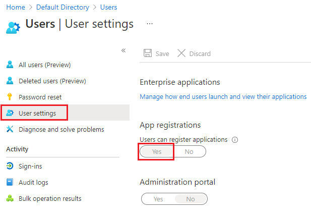 Comprobación en la configuración de usuario de que los usuarios puedan registrar aplicaciones de Active Directory.