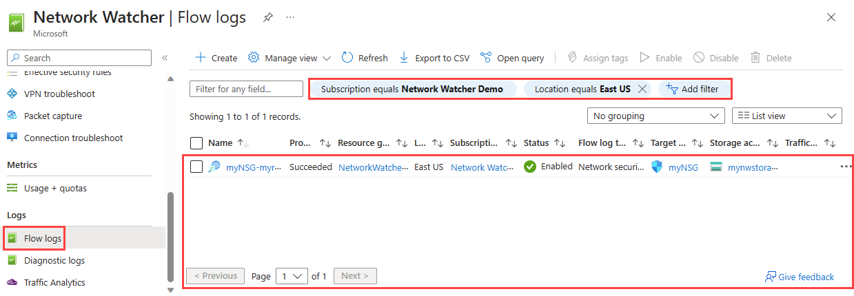 Captura de pantalla que muestra cómo usar filtros para enumerar todos los registros de flujo existentes en una suscripción mediante Azure Portal.