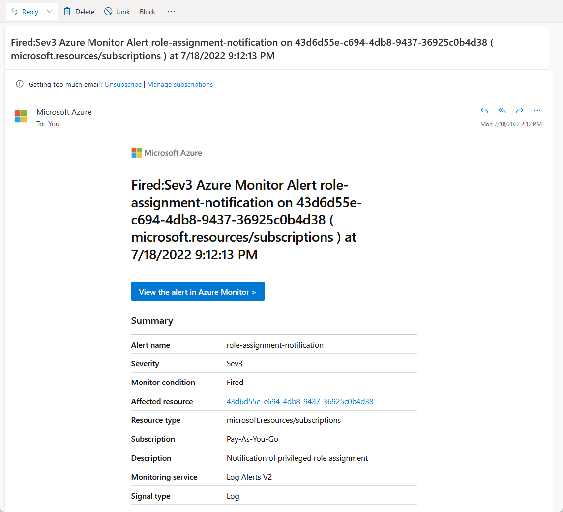 Captura de pantalla de una alerta de correo electrónico para una asignación de roles.