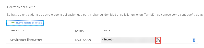 Captura de pantalla que muestra el área de secretos de cliente, junto con el botón para copiar un secreto.