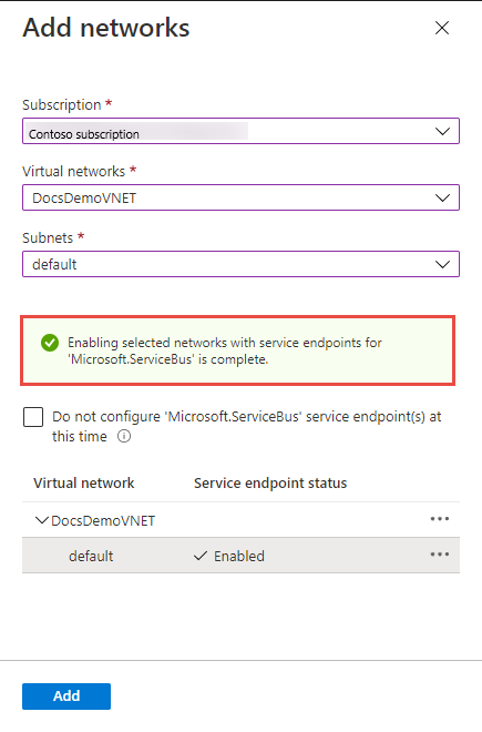 Image showing the success message of enabling the service endpoint.