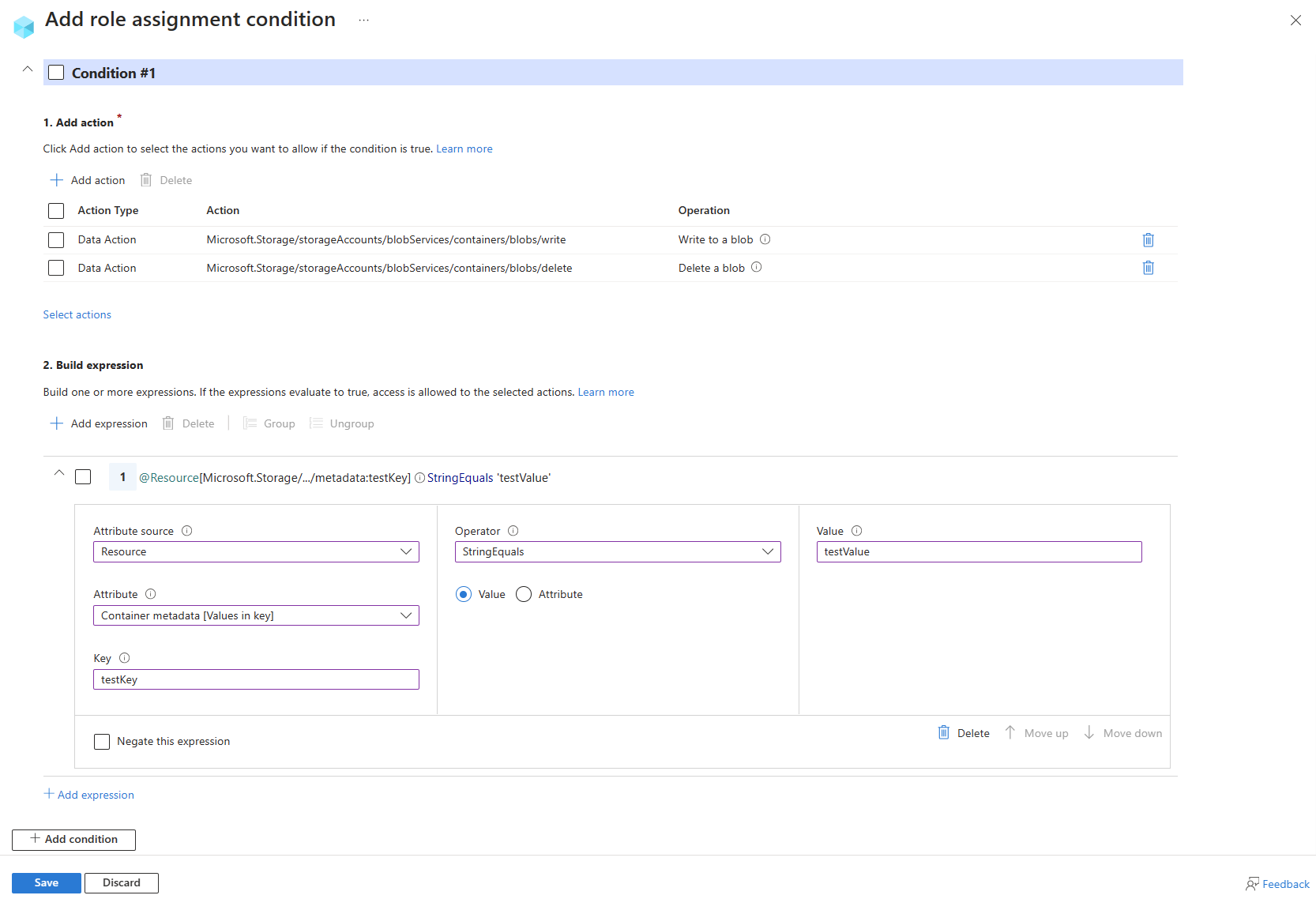 Captura de pantalla del editor de condiciones en Azure Portal en la que se muestra la escritura y eliminación de blobs en el contenedor con metadatos específicos.