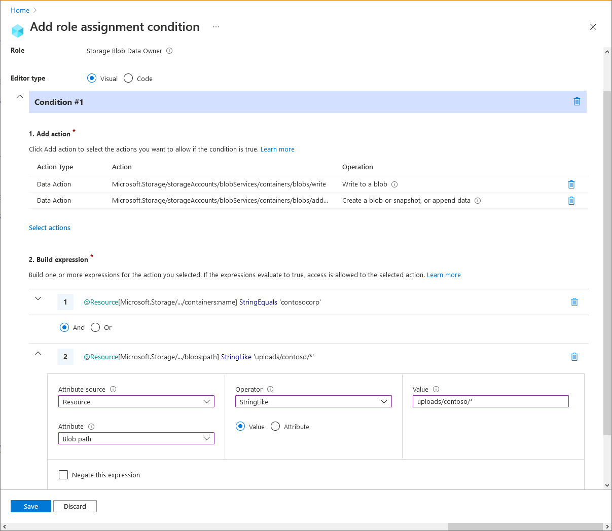 Recorte de pantalla del editor de condiciones en Azure Portal que muestra el acceso de escritura a blobs en contenedores con nombre con una ruta de acceso.
