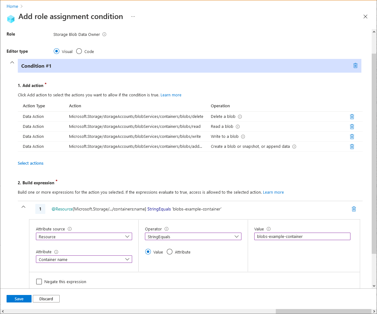 Recorte de pantalla del editor de condiciones en Azure Portal que muestra blobs de lectura, escritura o eliminación en contenedores con nombre.