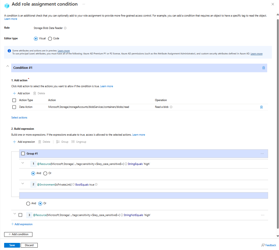 Captura de pantalla del editor de condiciones en Azure Portal en la que se muestra el acceso de lectura que requiere cualquier vínculo privado para datos confidenciales.