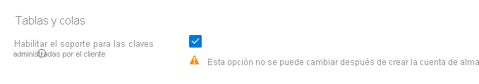 Captura de pantalla que muestra cómo habilitar claves gestionadas por el cliente para colas y tablas al crear una nueva cuenta