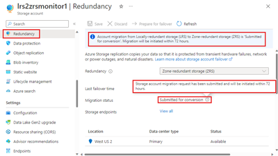 Screenshot que muestra el estado de la solicitud de conversión en la página Redundancia del portal de Azure.