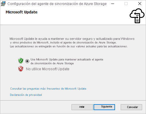 Asegúrese de que Microsoft Update está habilitado en el panel Microsoft Update del instalador del agente de Azure File Sync.