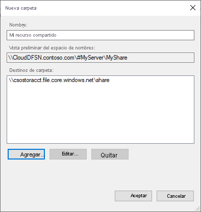 Una captura de pantalla del cuadro de diálogo Nueva carpeta con un destino de carpeta añadido.
