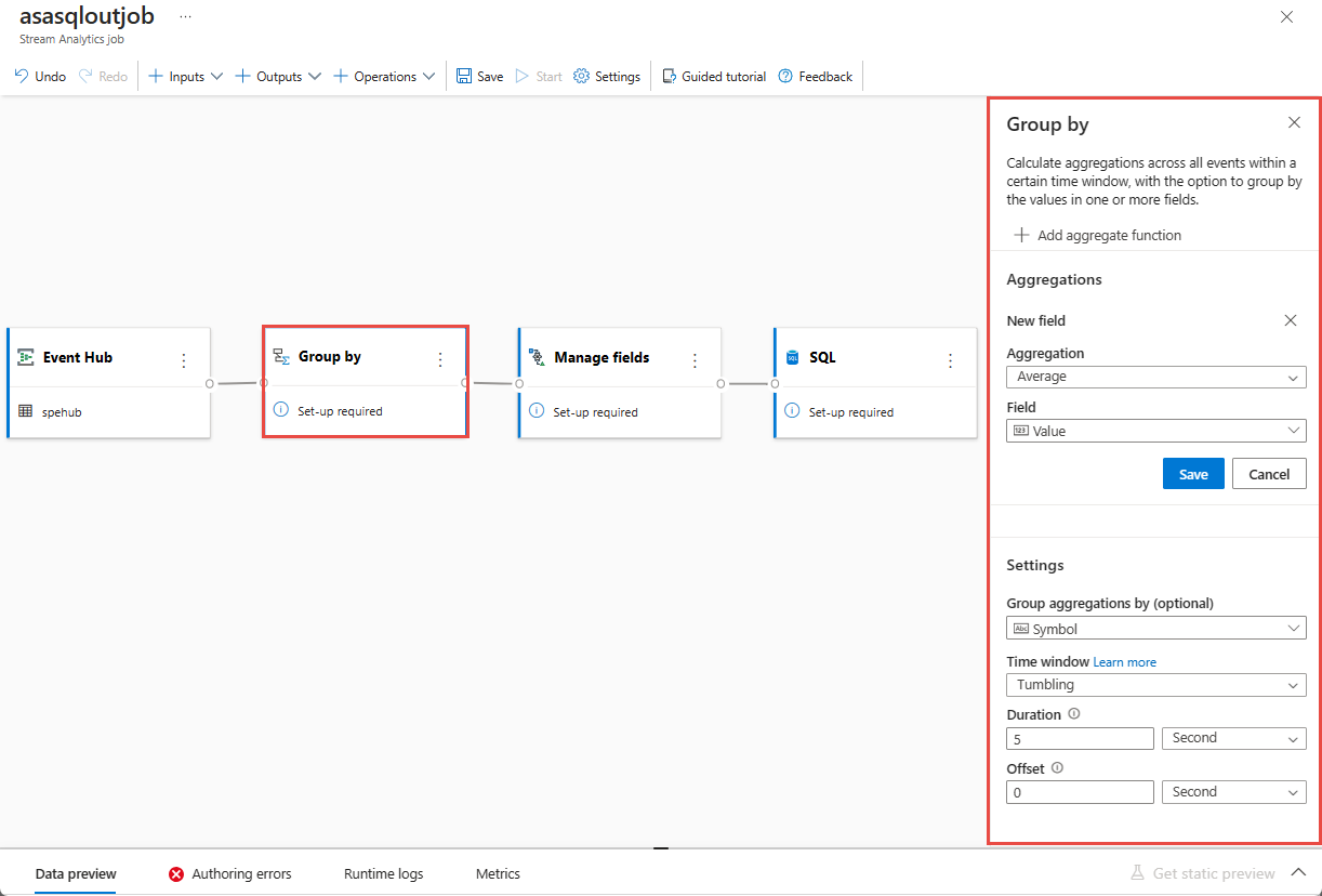 Captura de pantalla que muestra la configuración del operador group by.